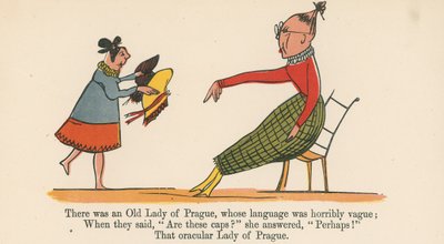 Es war eine alte Dame von Prag, deren Sprache schrecklich vage war, aus Ein Buch des Unsinns, veröffentlicht von Frederick Warne und Co., London, c.1875 von Edward Lear